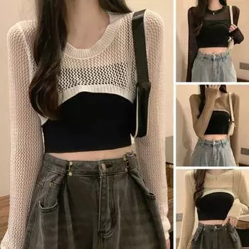 Женский солнцезащитный топ, полая тонкая солнцезащитная прозрачная рубашка с длинными рукавами и открытой талией, летняя короткая трикотажная рубашка с круглым вырезом абрикосовый