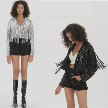 Женский современный танцевальный костюм - топ с пайетками и кисточками для сценических выступлений One Size чёрный