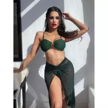 Женский сплит-комплект из трех предметов, сетчатый сплошной цвет, красное сексуальное платье, костюм-бикини S чёрный