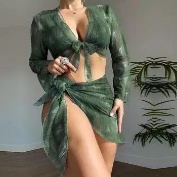 Женский сплит-комплект из трех предметов в полоску на шнуровке с принтом и длинными рукавами, сетчатый красный костюм-бикини с принтом тай-дай S зелёный