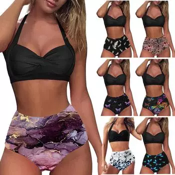 Женский сплит-модный комплект бикини с принтом, с подушечками для бюстгальтера и без стального бюстгальтера XXL темно-фиолетового