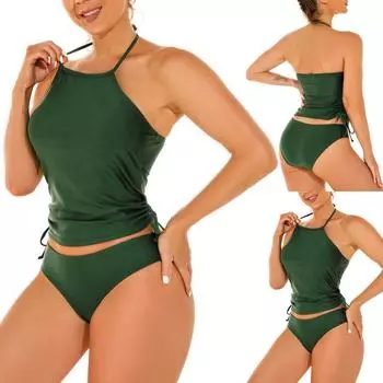 Женский сплит сексуальный сплошной цвет с открытой спиной и накладкой на грудь без стального бюстгальтера Купальник XXL зелёный