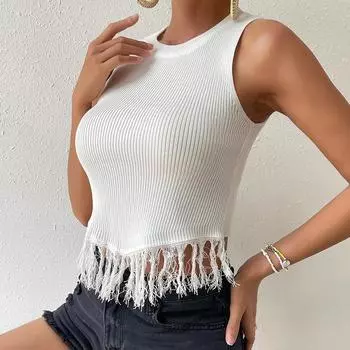 Женский сплошной цвет без рукавов, летний повседневный укороченный жилет с кисточками и голой талией S чёрный