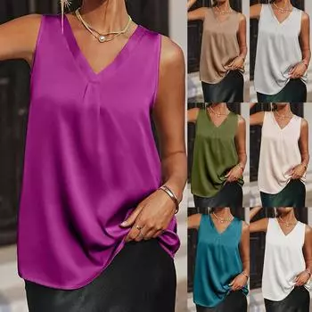 Женский сплошной цвет без рукавов, сексуальный атласный Повседневный модный свободный жилет с v-образным вырезом, топ M армия зеленый