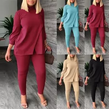 Женский сплошной цвет, нерегулярный топ с высоким воротом, узкие брюки-карандаш, костюм, комплект из двух предметов XXXL чёрный