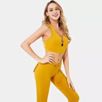 Женский сплошной цвет ягодиц, сексуальный полый фитнес-упражнения с карманами, двухсекционный костюм для йоги