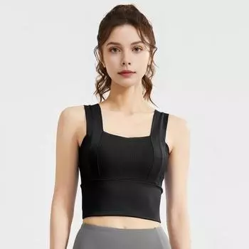Женский спортивный бюстгальтер с квадратным вырезом, укороченный топ для тренировок со встроенным бюстгальтером для йоги, спортзала, фитнеса, бега M чёрный