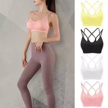 Женский спортивный бюстгальтер с несколькими бретелями, открытой спиной, пуш-ап, быстросохнущий, без косточек, бесшовный спортивный бюстгальтер со съемными подкладками M чёрный