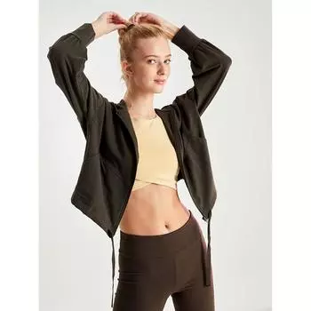 Женский спортивный кардиган большого размера LCW ACTIVE с капюшоном и длинными рукавами цвета хаки