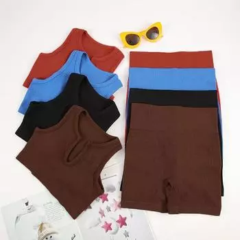 Женский спортивный комплект, экипировка для йоги, бесшовный фитнес-костюм, бюстгальтер для бега с велосипедными шортами, тонкая эластичная спортивная одежда S чёрный