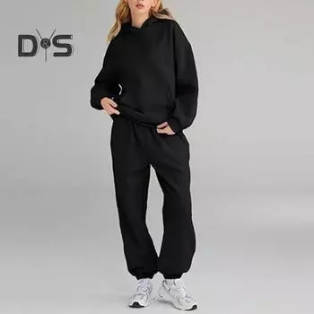 Женский спортивный комплект из 2 предметов, топ и брюки, с капюшоном и длинным рукавом, однотонная толстовка с капюшоном, эластичная талия, свободные брюки с резинкой на щиколотке, повседневный спортивный костюм для фитнеса, повседневный L светло-серый