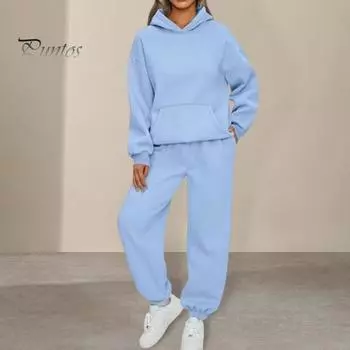 Женский спортивный комплект из 2 предметов, топ и брюки, с капюшоном и длинным рукавом, однотонная толстовка с капюшоном, эластичная талия, свободные брюки с резинкой на щиколотке, повседневный спортивный костюм для фитнеса, повседневный M светло-синий
