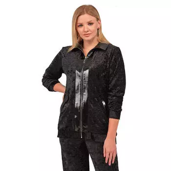 Женский спортивный костюм большого размера Fierte Lm57050 Воротник Застежка-молния Длинный рукав Двойной карман Кожаная деталь Эластичная талия Прямые штанины Бархат антрацитовый черный