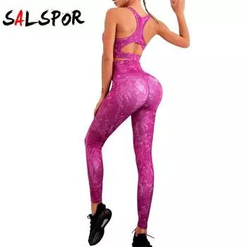 Женский спортивный костюм для фитнеса и йоги с принтом, костюм из двух предметов с красивой спиной и высокой талией персикового цвета