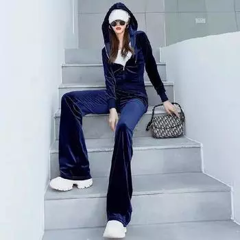 Женский спортивный костюм-двойка из золотого велюра с капюшоном и прямыми брюками для весны и осени 2X Large