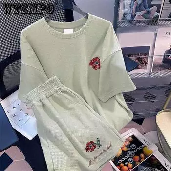 Женский спортивный костюм из 2 предметов, футболка с коротким рукавом, свободные широкие шорты с высокой талией, комплект из двух предметов, однотонные повседневные костюмы, спортивный костюм для бега L