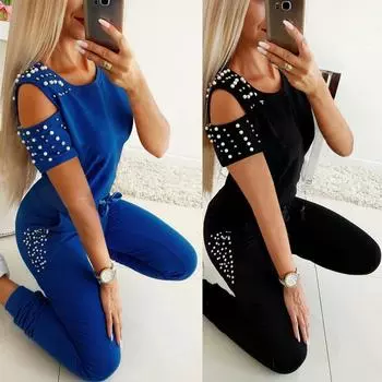 Женский спортивный костюм из 2 предметов, спортивный костюм, сплошной цвет с открытыми плечами и бисером, топ с круглым вырезом и брюки, костюмы