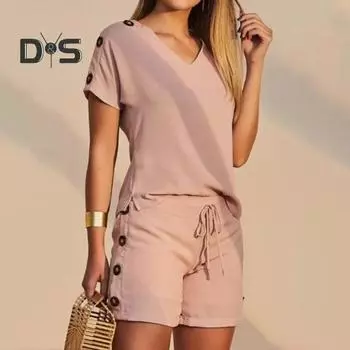 Женский спортивный костюм из хлопка и льна, комплект из двух частей, топ с коротким рукавом и V-образным вырезом, шорты с завязками на пуговицах и высокой талией, летняя повседневная домашняя одежда 2XL серый