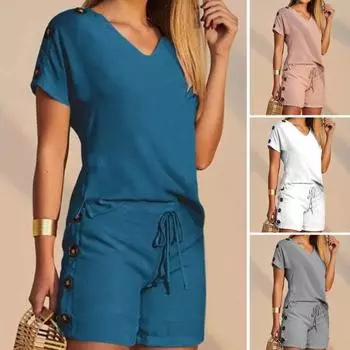 Женский спортивный костюм из хлопка и льна, комплект из двух частей, топ с коротким рукавом и V-образным вырезом, шорты с завязками на пуговицах и высокой талией, летняя повседневная домашняя одежда M серый