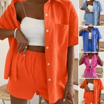 Женский спортивный костюм, однотонный, с короткими рукавами, повседневная однобортная летняя блузка с глубоким шаговым швом, комплект с шортами, повседневная одежда XL синий