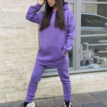 Женский спортивный костюм, повседневные спортивные костюмы с длинными рукавами и капюшоном, осенние женские флисовые толстовки и брюки Jooger, теплые комплекты из двух предметов L чёрный