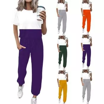 Женский спортивный костюм с круглым вырезом и коротким рукавом, свободные брюки L армия зеленый