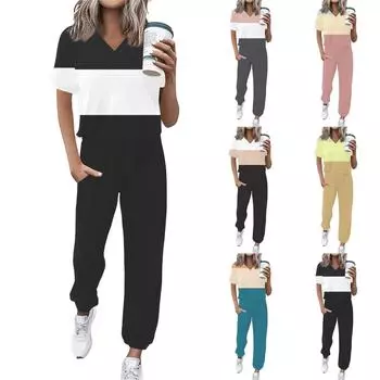 Женский спортивный костюм с V-образным вырезом и коротким рукавом, свободные брюки L бежевый