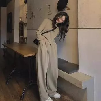 Женский спортивный костюм свободного кроя цвета хаки: Осенний повседневный комплект из двух частей с неровным свитером XL хаки