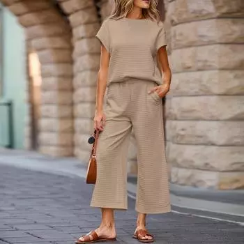 Женский спортивный повседневный костюм из двух частей с круглым вырезом и коротким рукавом, широкие спортивные брюки, повседневный костюм M хаки