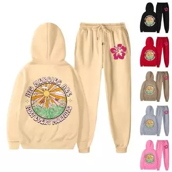 Женский спортивный спортивный костюм с капюшоном, комплект из двух предметов для бега, пуловер с длинными рукавами, толстовка + спортивные штаны, унисекс L бежевый