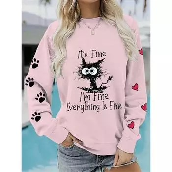 Женский спортивный свитер повседневный европейский размер повседневный уличный узор с принтом кота круглый вырез плюс толстовка с длинными рукавами S
