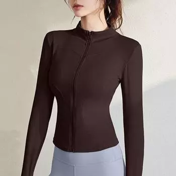 Женский спортивный топ-стойка с воротником-стойкой на молнии Кардиган Поглощение пота Мягкий дышащий тонкий эластичный Slim Fit с длинным рукавом Быстросохнущий женский бег трусцой S хаки