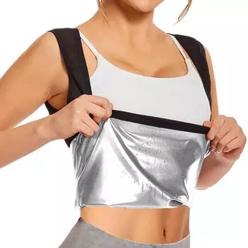 Женский спортивный жилет для талии, пуловер, костюм для сауны, улучшающие майки для тренировок, корректирующее белье для похудения, компрессионные рубашки для фитнеса S чёрный/серебряный