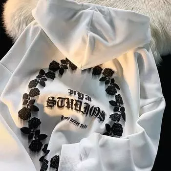 Женский стеганый свитер с капюшоном на осень и зиму, комфортный теплый повседневный кардиган с принтом в стиле ретро, универсальный свободный свитер M чёрный