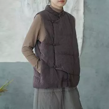 Женский стеганый жилет с бусинами в стиле ретро, однотонный свободный стеганый жилет из полиэстера, зимняя одежда без рукавов на пуговицах One Size чёрный