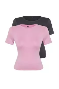 Женский стиль, большие размеры, антрацитово-сиреневый комплект из 2 вискозных гибких трикотажных блузок