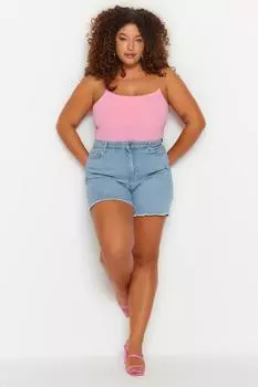 Женский стиль, большие размеры, голубые эластичные узкие джинсовые шорты с высокой талией и бермуды