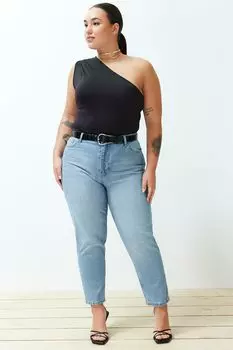 Женский стиль, большие размеры, голубые джинсы для мамы с высокой талией