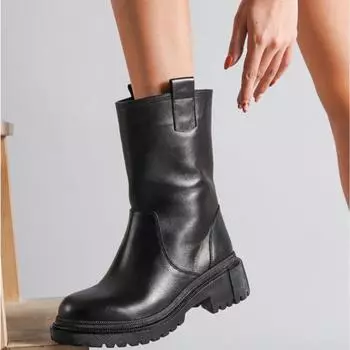Женский стиль из натуральной кожи Черные кожаные сапоги