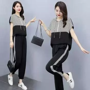 Женский стильный и дышащий костюм с капюшоном и застежкой-молнией на половину длины, офисный повседневный костюм, комплект из 2 предметов: топ и брюки XXXXL чёрный