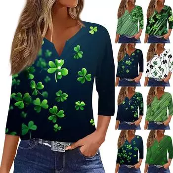 Женский стильный повседневный круглый вырез рукав три четверти St. Футболка с принтом ко Дню Святого Патрика L армия зеленый