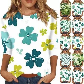 Женский стильный повседневный круглый вырез St. Футболка с рукавом три четверти и принтом ко Дню Святого Патрика XL
