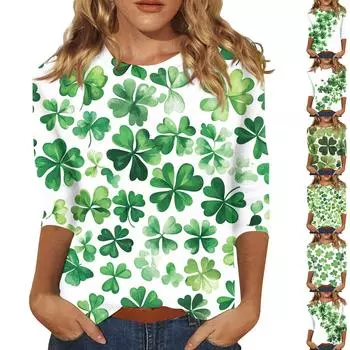 Женский стильный повседневный круглый вырез St. Футболка с рукавом три четверти и принтом ко Дню Святого Патрика S