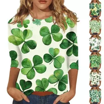 Женский стильный повседневный круглый вырез St. Футболка с рукавом три четверти и принтом ко Дню Святого Патрика XXXL