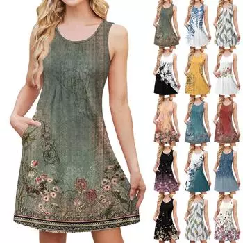 Женский стильный повседневный свободный сарафан без рукавов с цветочным принтом и карманами, летний пляжный сарафан L армия зеленый