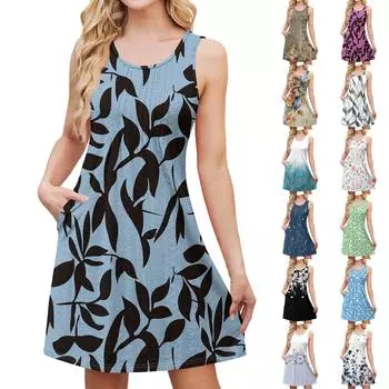 Женский стильный повседневный свободный сарафан без рукавов с цветочным принтом и карманами, летний пляжный сарафан L чёрный