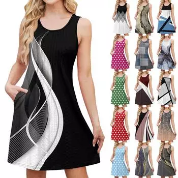 Женский стильный повседневный свободный винтажный сарафан без рукавов с принтом в стиле пэчворк и карманами, летний пляжный сарафан L чёрный