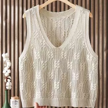 Женский стильный пуловер с V-образным вырезом, вязаный жилет с ажурным узором, универсальный свитер без рукавов, жилет для весны и осени M