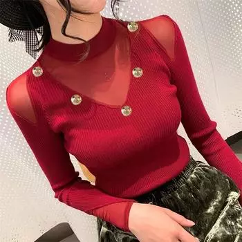 Женский стильный сексуальный прозрачный сетчатый пэчворк базовый вязаный свитер элегантный однотонный с круглым вырезом длинный рукав пуговицы тонкий пуловер топы S чёрный