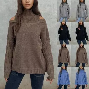 Женский стильный свитер с открытыми плечами и полуводолазкой, свободный и большой L чёрный